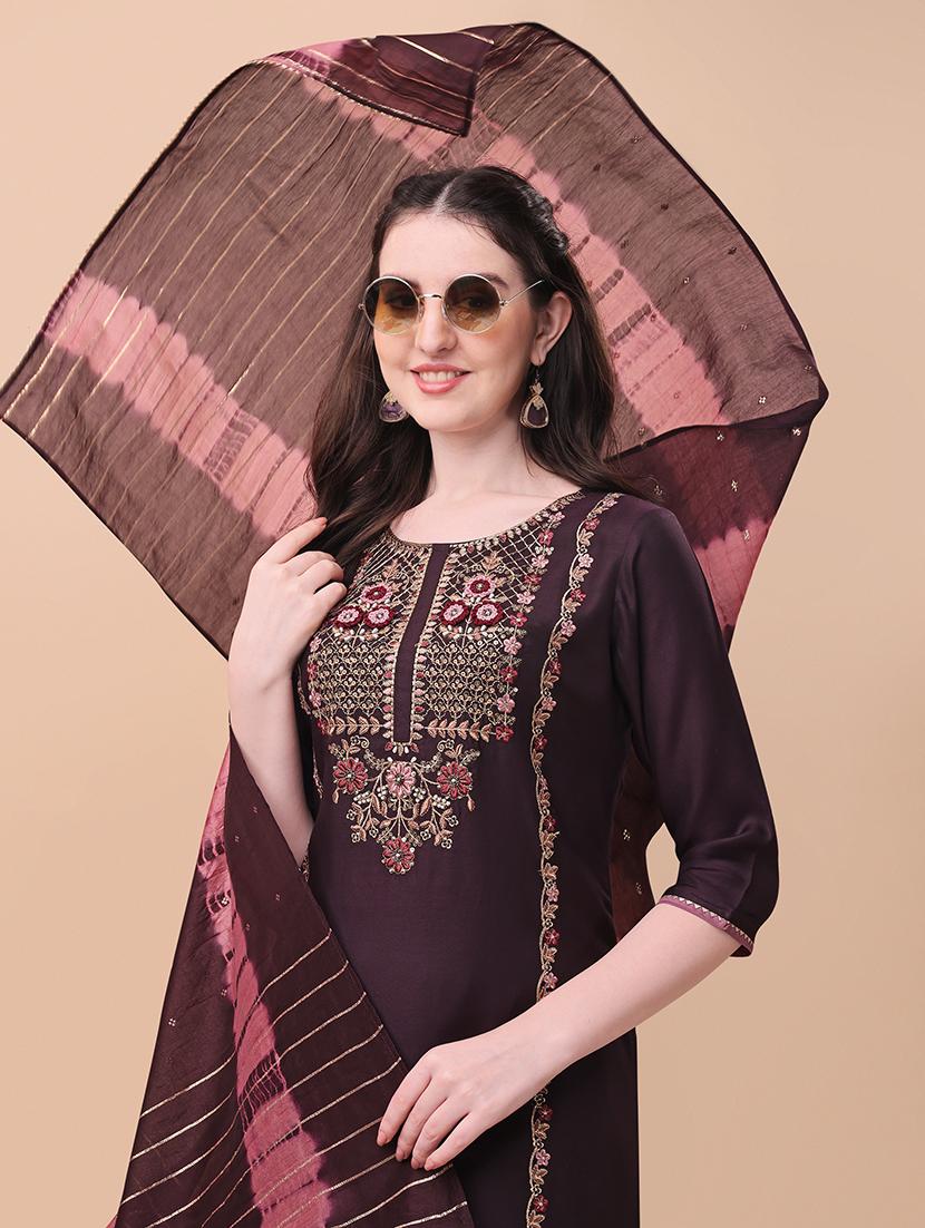 purple self design kurta & dupatta set - 21296012 - Standard Image - 4