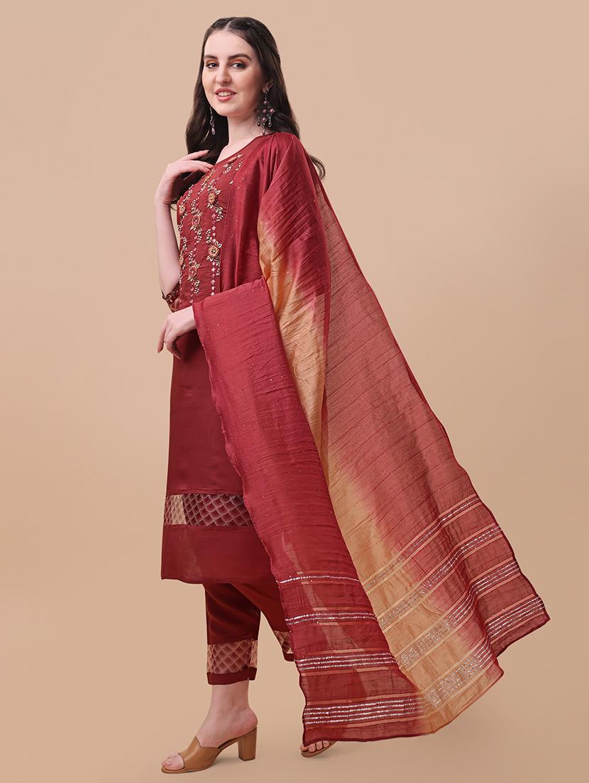 maroon self design kurta & dupatta set - 21296054 - Standard Image - 1