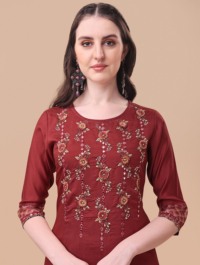 maroon self design kurta & dupatta set - 21296054 - Standard Image - 4