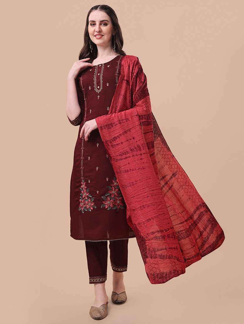 maroon self design kurta & dupatta set - 21296247 -  Standard Image - 1