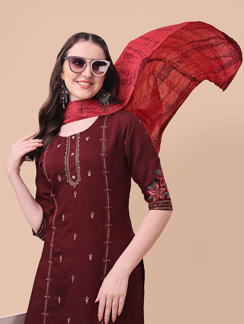 maroon self design kurta & dupatta set - 21296247 -  Standard Image - 4