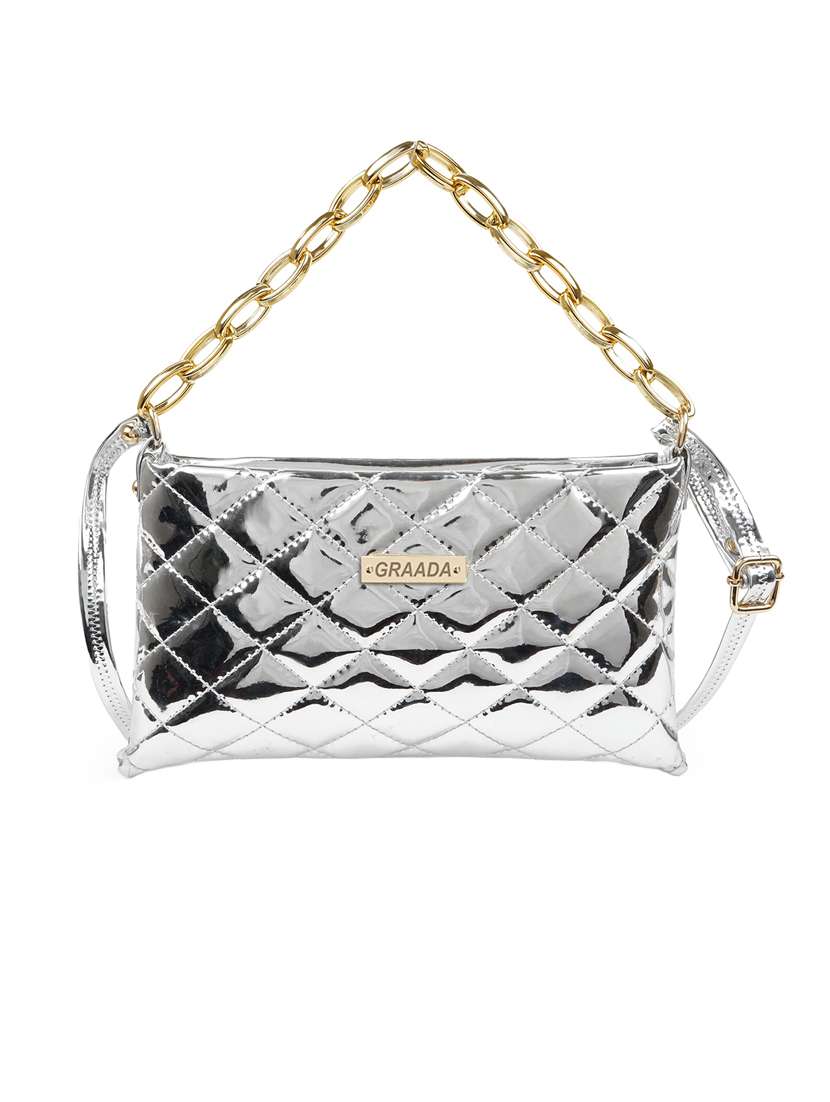 silver leatherette sling bag