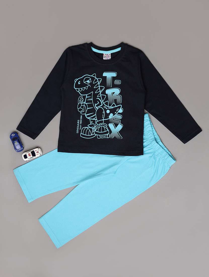 kids navy blue cotton t-shirt & pajama set