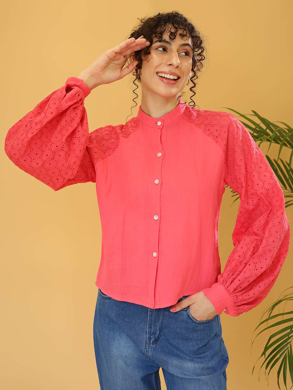 women solid schiffli detailed bishop sleeves top - 21297287 -  Standard Image - 1