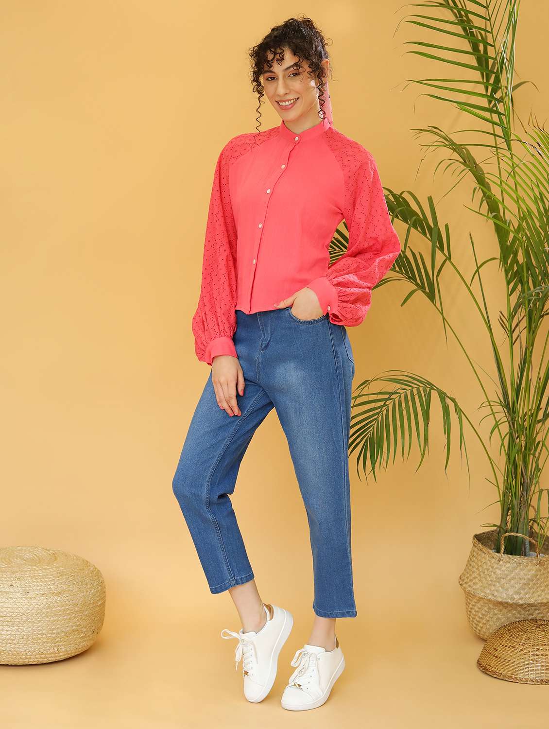 women solid schiffli detailed bishop sleeves top - 21297287 -  Standard Image - 4