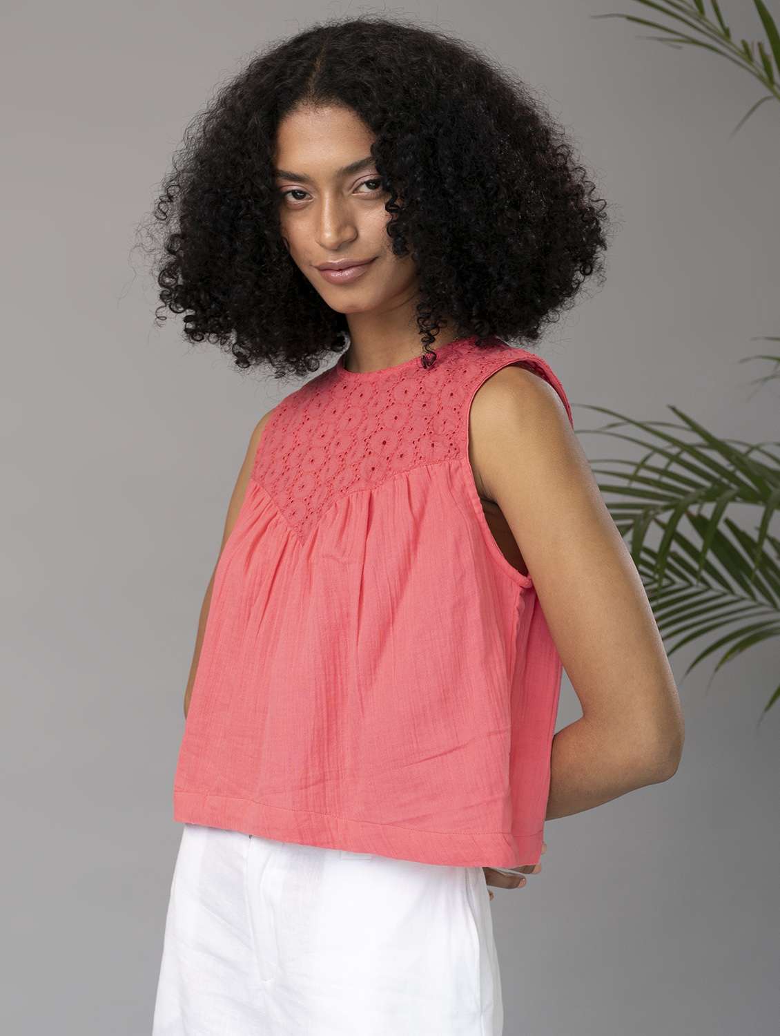 women solid sleeveless schiffli detailed a line top - 21297288 -  Standard Image - 1