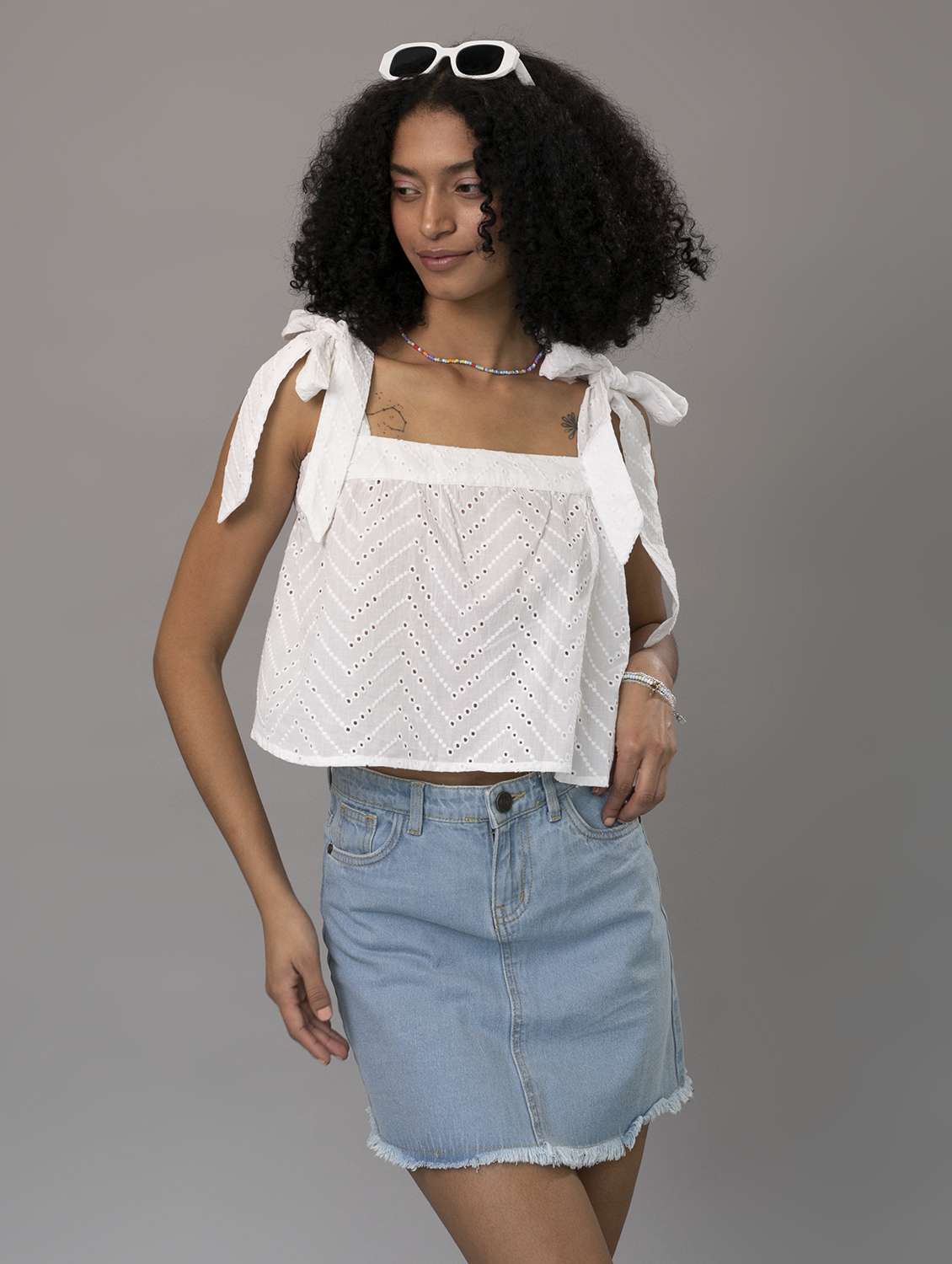 women solid schiffli tie up sleeves crop top - 21297289 -  Standard Image - 1