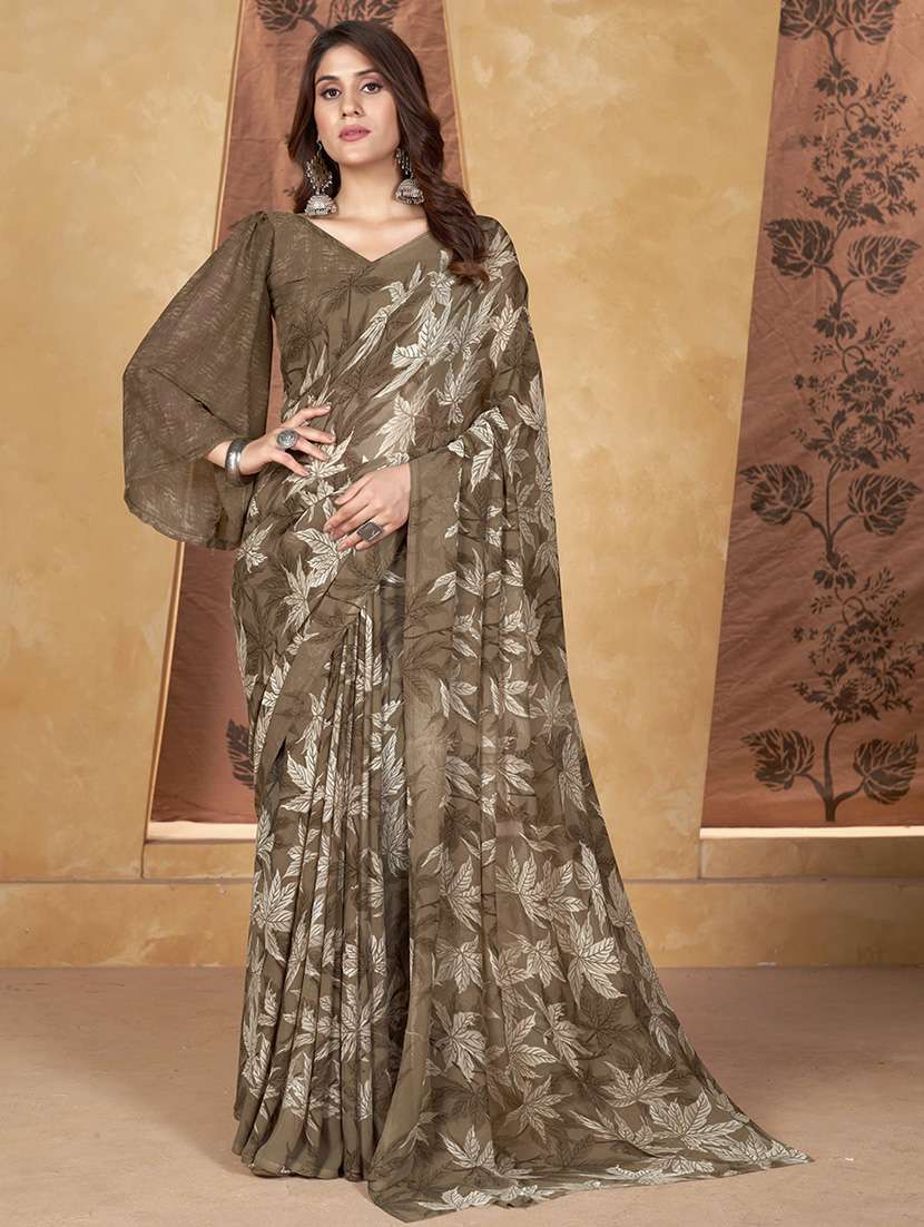 brown georgette printed saree with blouse