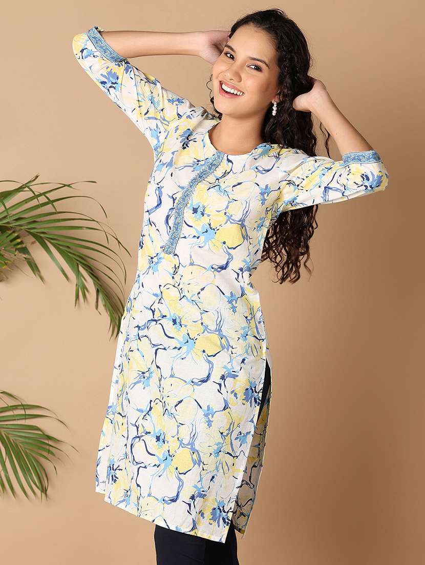 women three quarter sleeve printed straight kurta - 21303812 -  Standard Image - 1