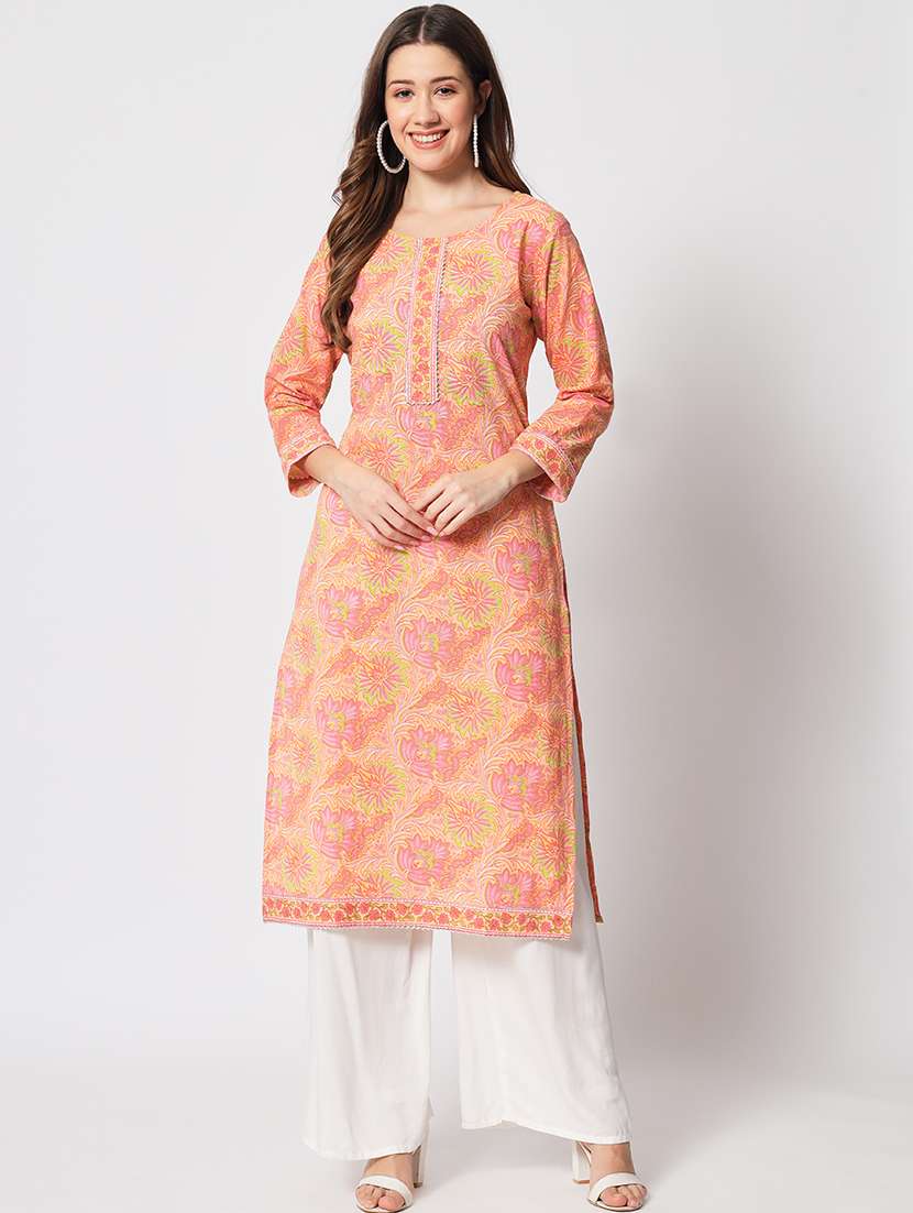 women peach cotton blend straight kurta