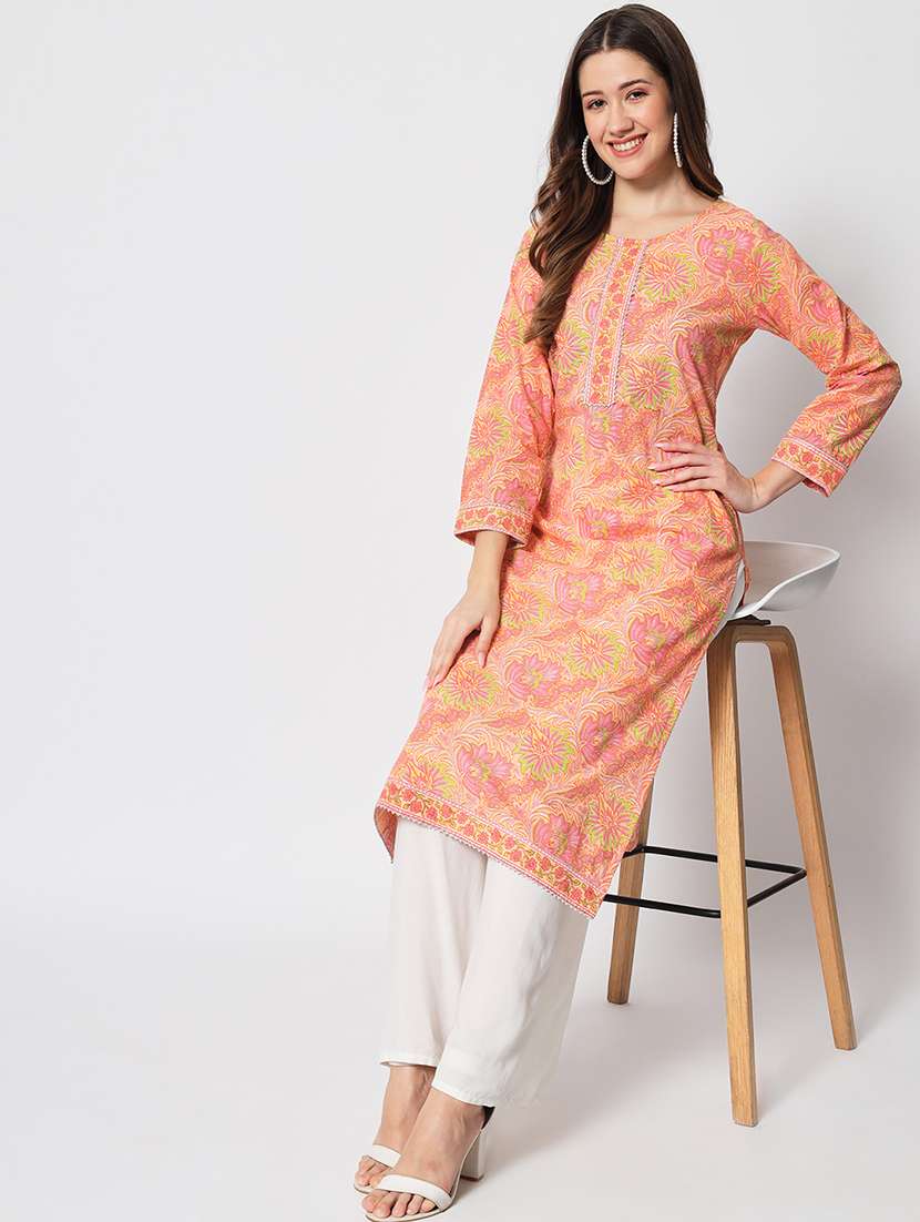 women peach cotton blend straight kurta - 21304130 -  Standard Image - 1