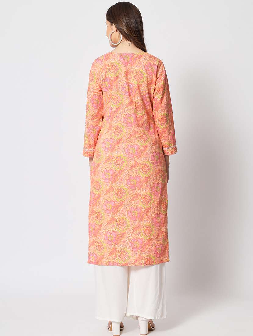 women peach cotton blend straight kurta - 21304130 -  Standard Image - 4