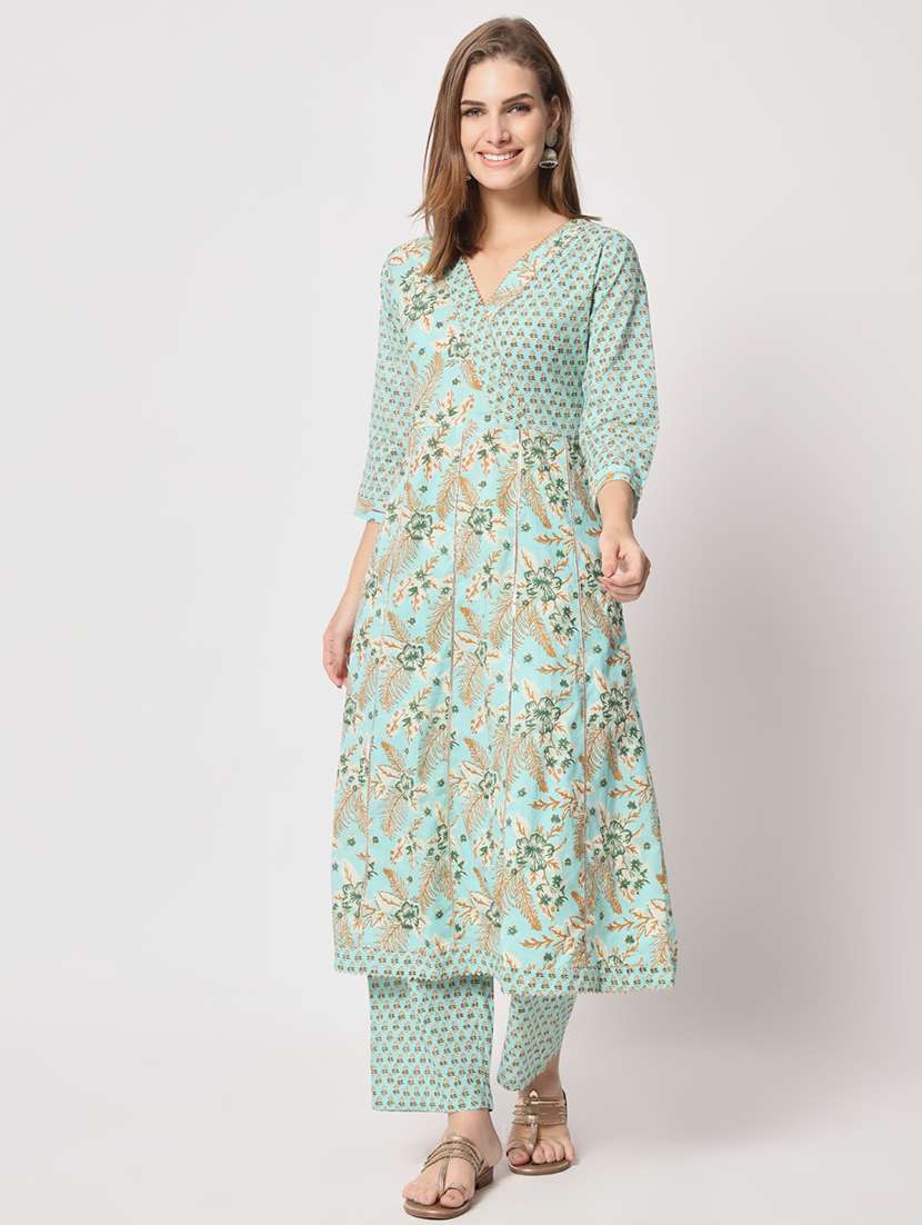 women sea green floral printed kurta palazzo set