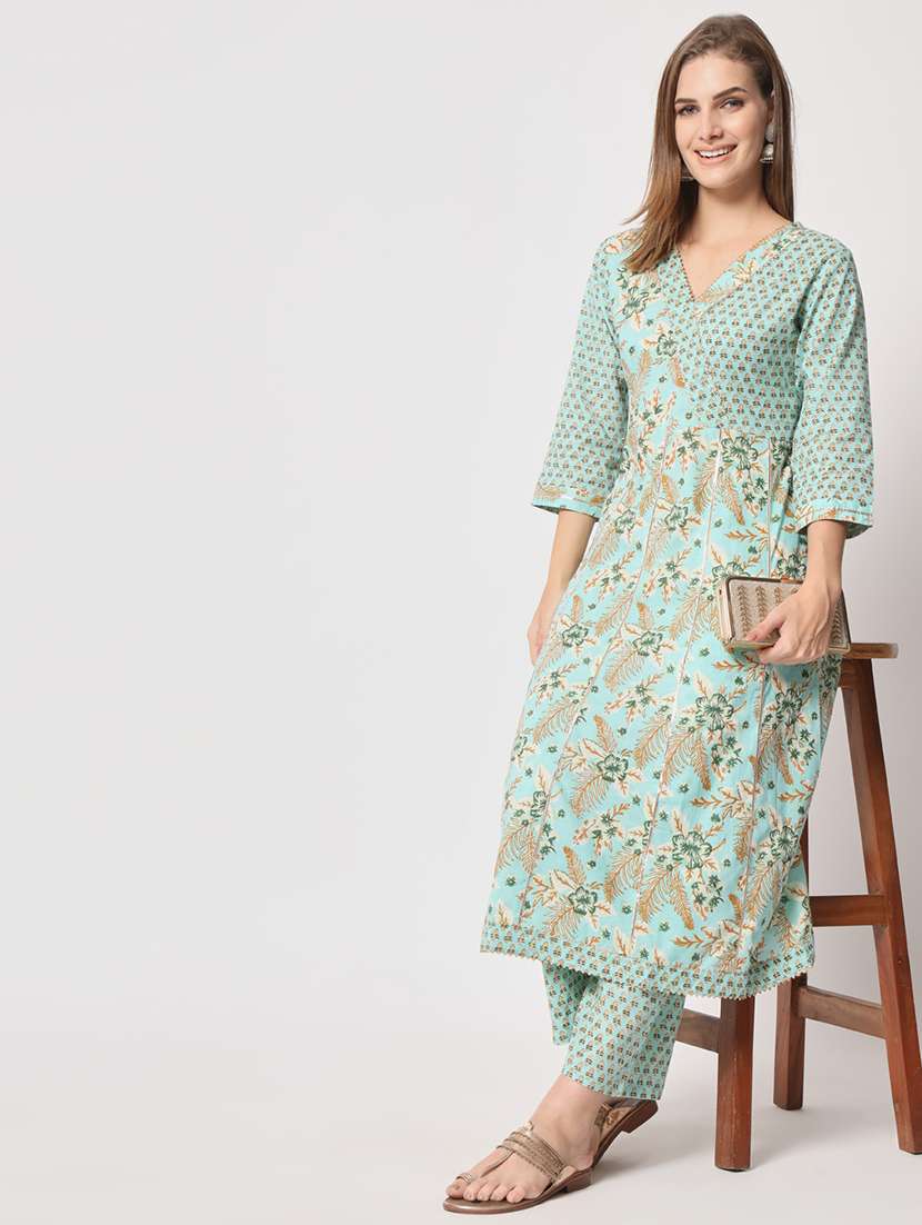 women sea green floral printed kurta palazzo set - 21304201 -  Standard Image - 1