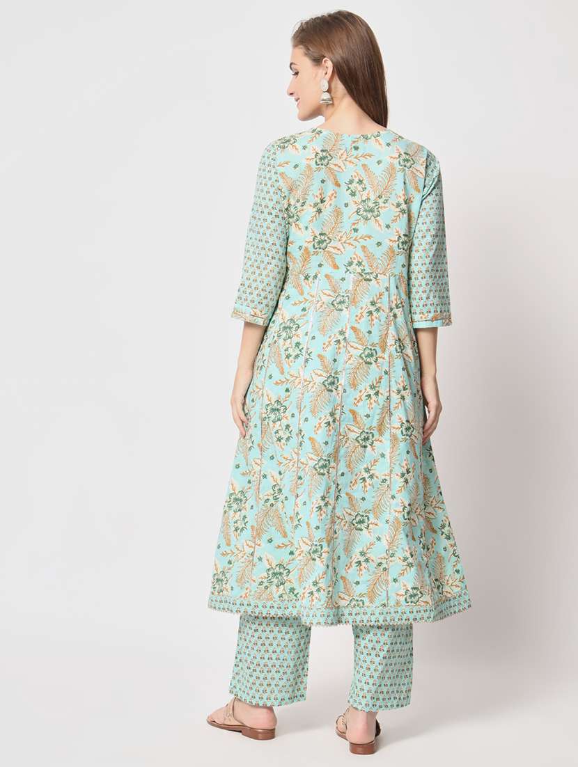 women sea green floral printed kurta palazzo set - 21304201 -  Standard Image - 4