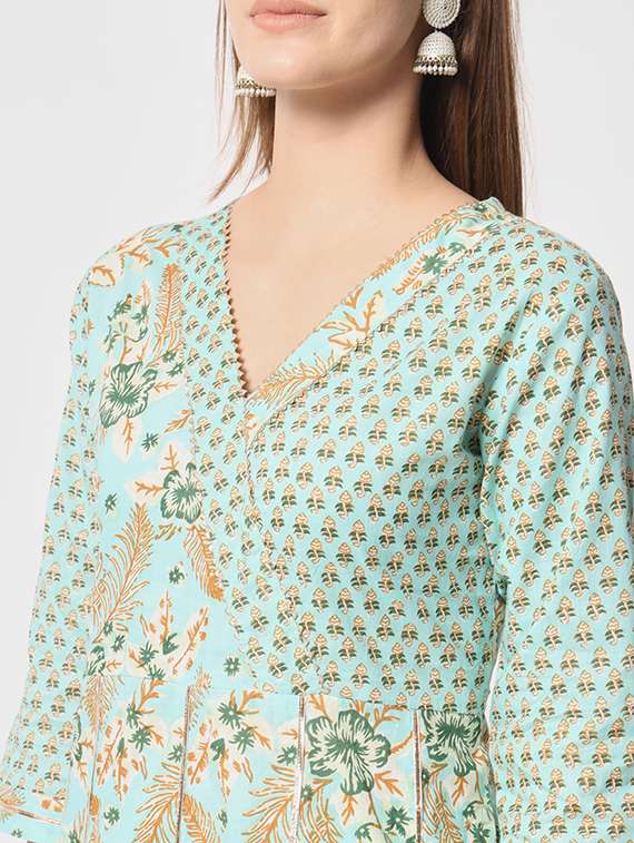 women sea green floral printed kurta palazzo set - 21304201 -  Standard Image - 6