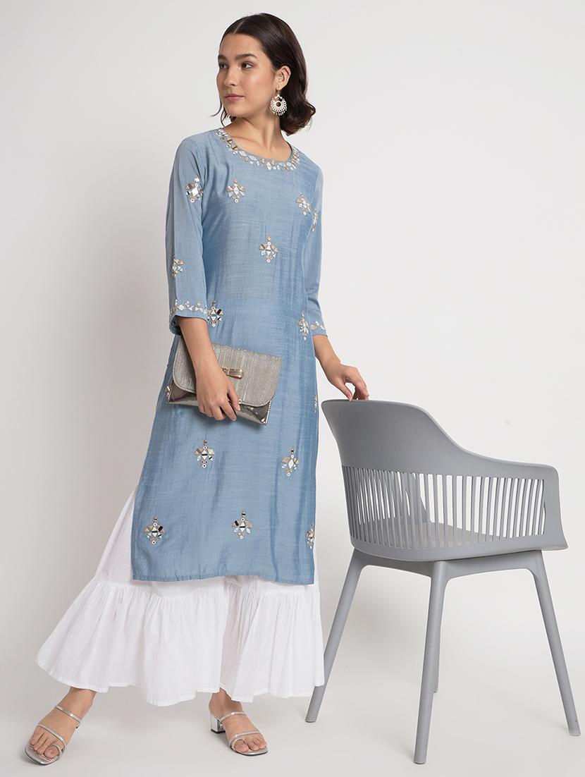 women light blue round neck kurta sharara set - 21304228 - Standard Image - 1