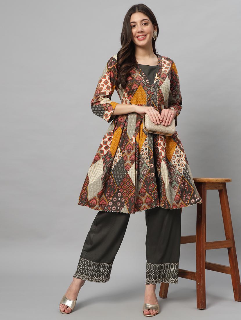 women grey printed kurta pant set - 21304259 -  Standard Image - 1