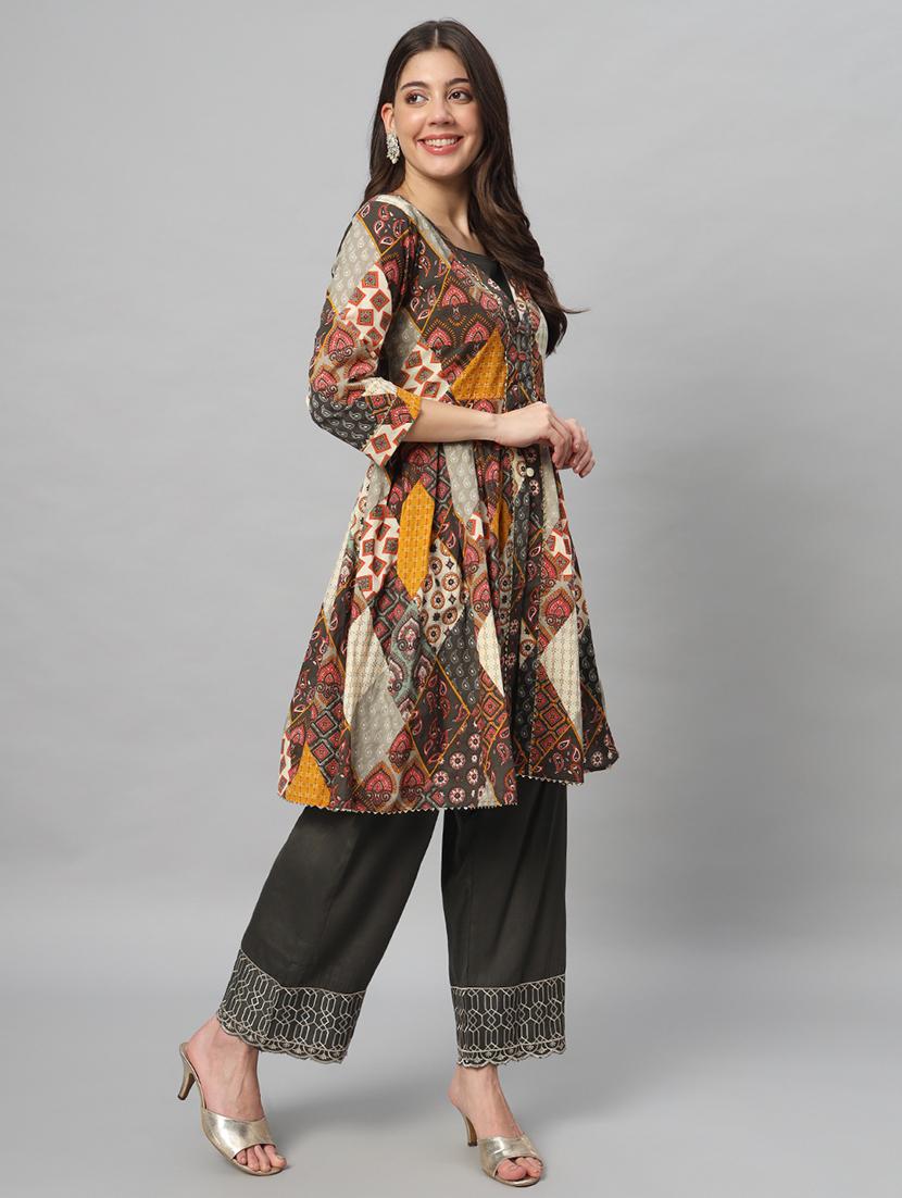 women grey printed kurta pant set - 21304259 - Standard Image - 4