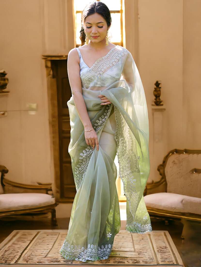 women olive embellished saree with blouse