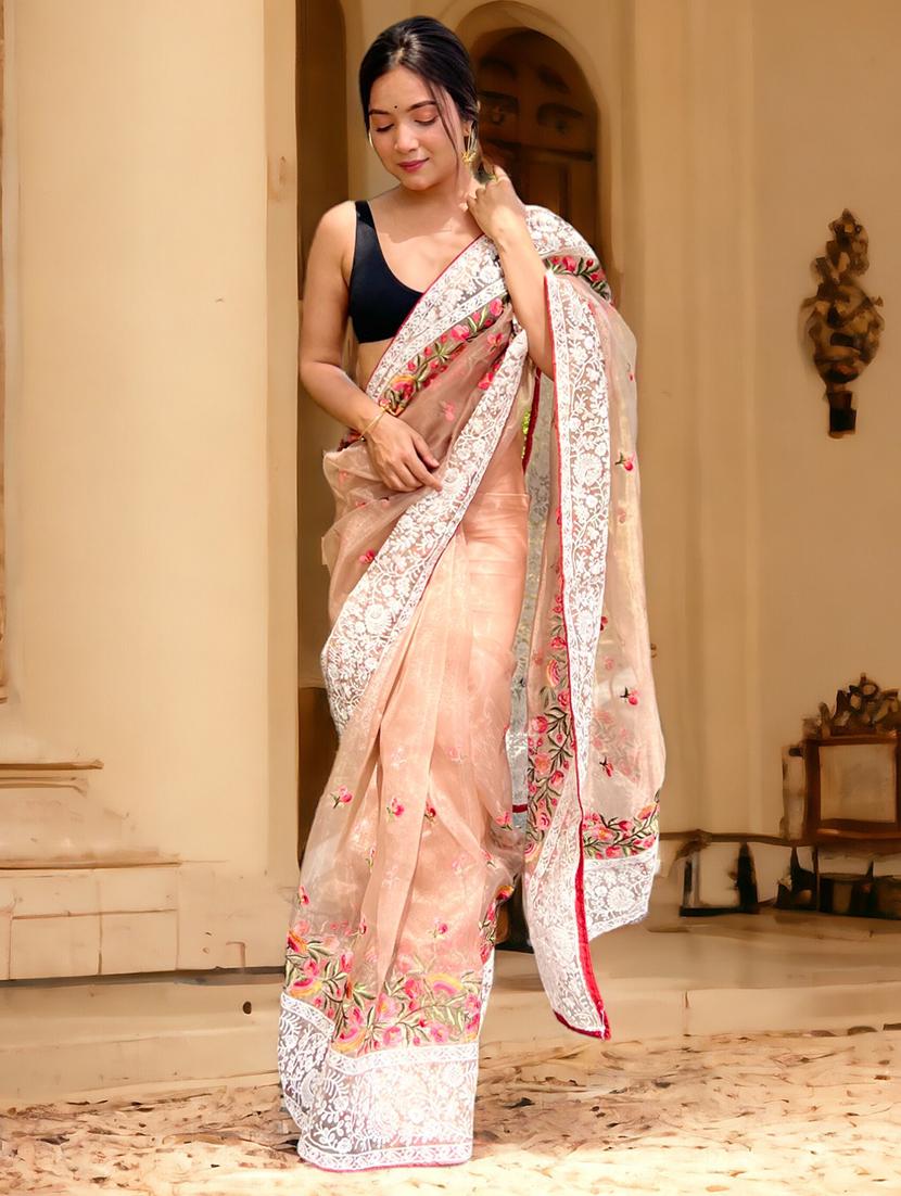 women peach embroidered saree with blouse - 21304293 - Standard Image - 1