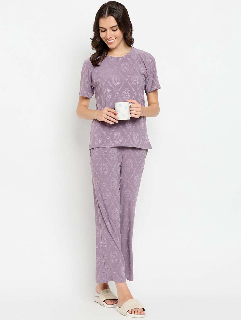 women purple viscose pyjama nightwear set - 21305032 -  Standard Image - 1