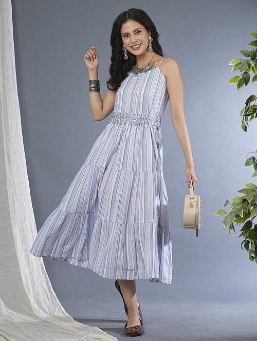 globus women purple strappy shoulder variegated stripes smocked tiered a-line midi dress with embroidered belt - 21305114 -  Standard Image - 0