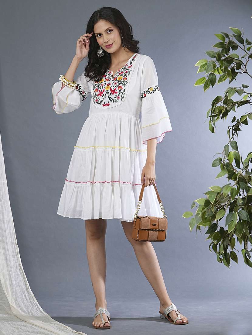 globus women white floral embroidered yoke flared sleeves gathered tiered fit & flare dress