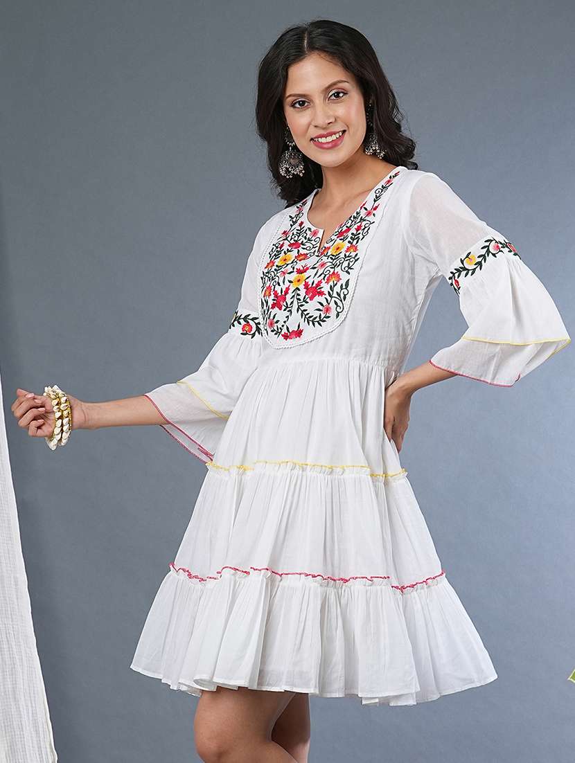 globus women white floral embroidered yoke flared sleeves gathered tiered fit & flare dress - 21305115 -  Standard Image - 1
