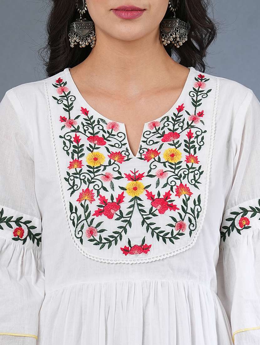 globus women white floral embroidered yoke flared sleeves gathered tiered fit & flare dress - 21305115 -  Standard Image - 4