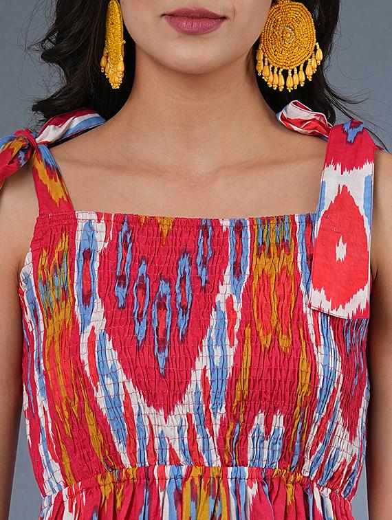 globus women red tie-up straps square neck allover bohemian print smocked fit & flare fusion midi dress - 21305118 - Standard Image - 4