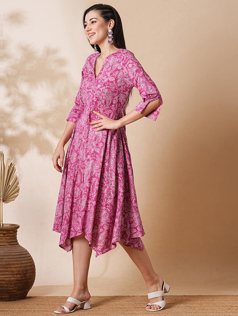 globus women pink allover printed a-line asymmetric midi dress - 21305196 - Standard Image - 1