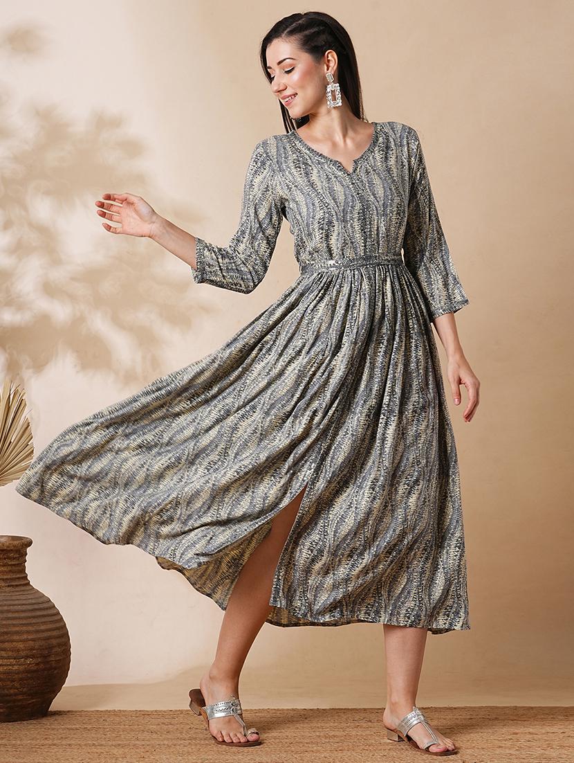 globus women grey embroidered neckline tie-dye pattern front slit a-line midi dress with belt - 21305198 - Standard Image - 1