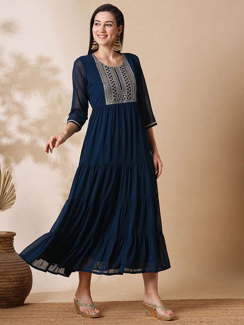 globus women teal embroidered & sequinned yoke festive a-line tiered maxi dress