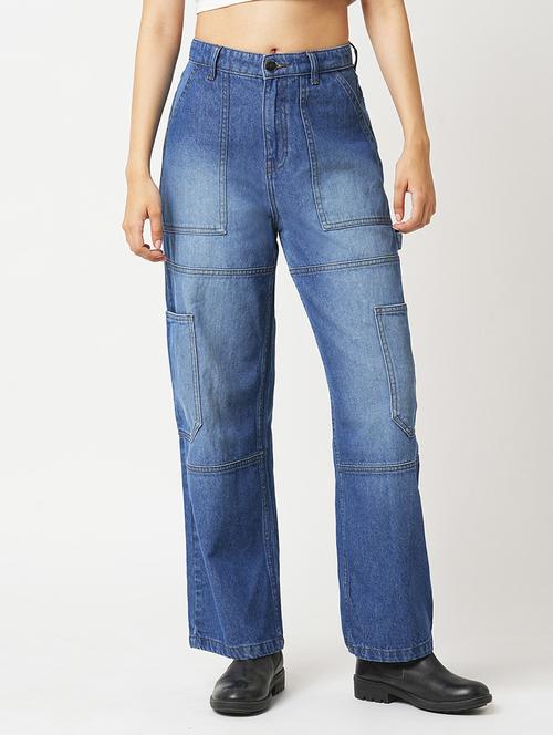 globus women light blue high rise straight fit washed cargo jeans - 21305204 -  Standard Image - 0