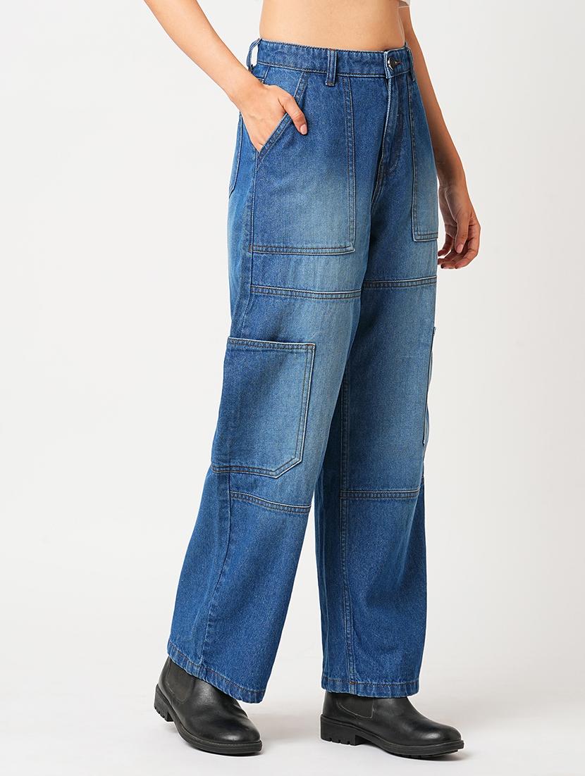 globus women light blue high rise straight fit washed cargo jeans - 21305204 - Standard Image - 1
