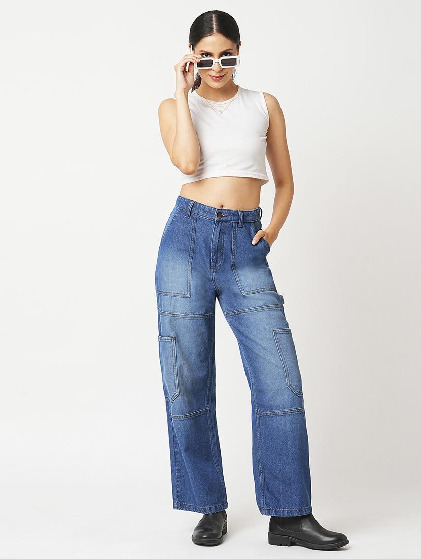 globus women light blue high rise straight fit washed cargo jeans - 21305204 - Standard Image - 4