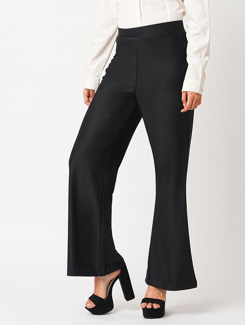 globus women black stretchable mid-rise wide flared fit treggings - 21305210 - Standard Image - 1