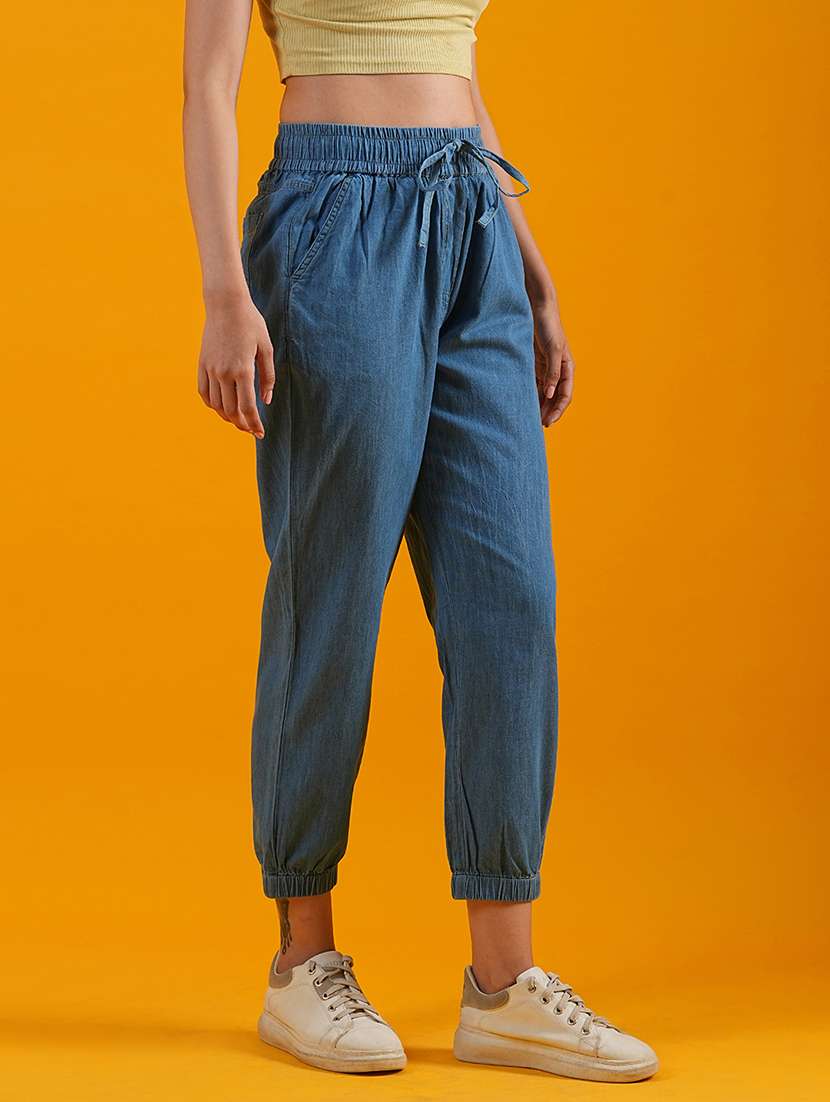 globus women blue mid rise loose fit flat front denim joggers with drawstring - 21305211 -  Standard Image - 1