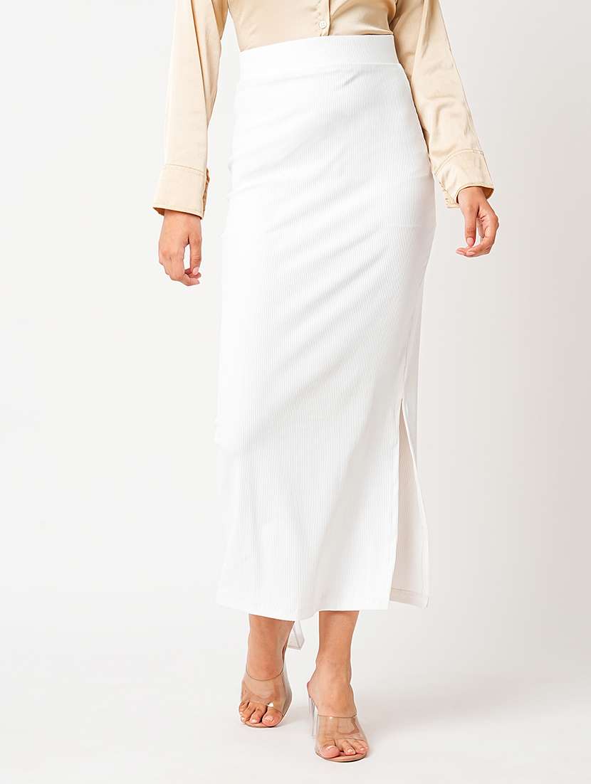 globus women white high-rise streatchable side slit maxi pencil skirt