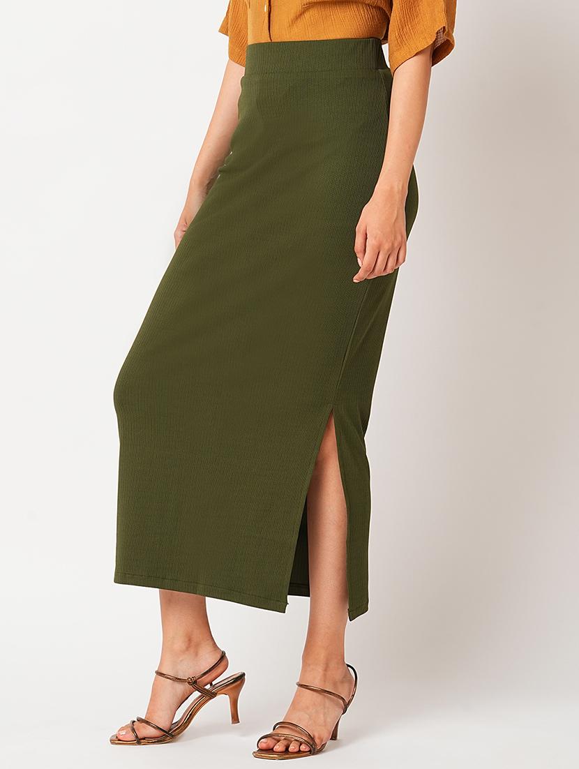 globus women dark olive high-rise streatchable side slit maxi pencil skirt - 21305217 -  Standard Image - 1