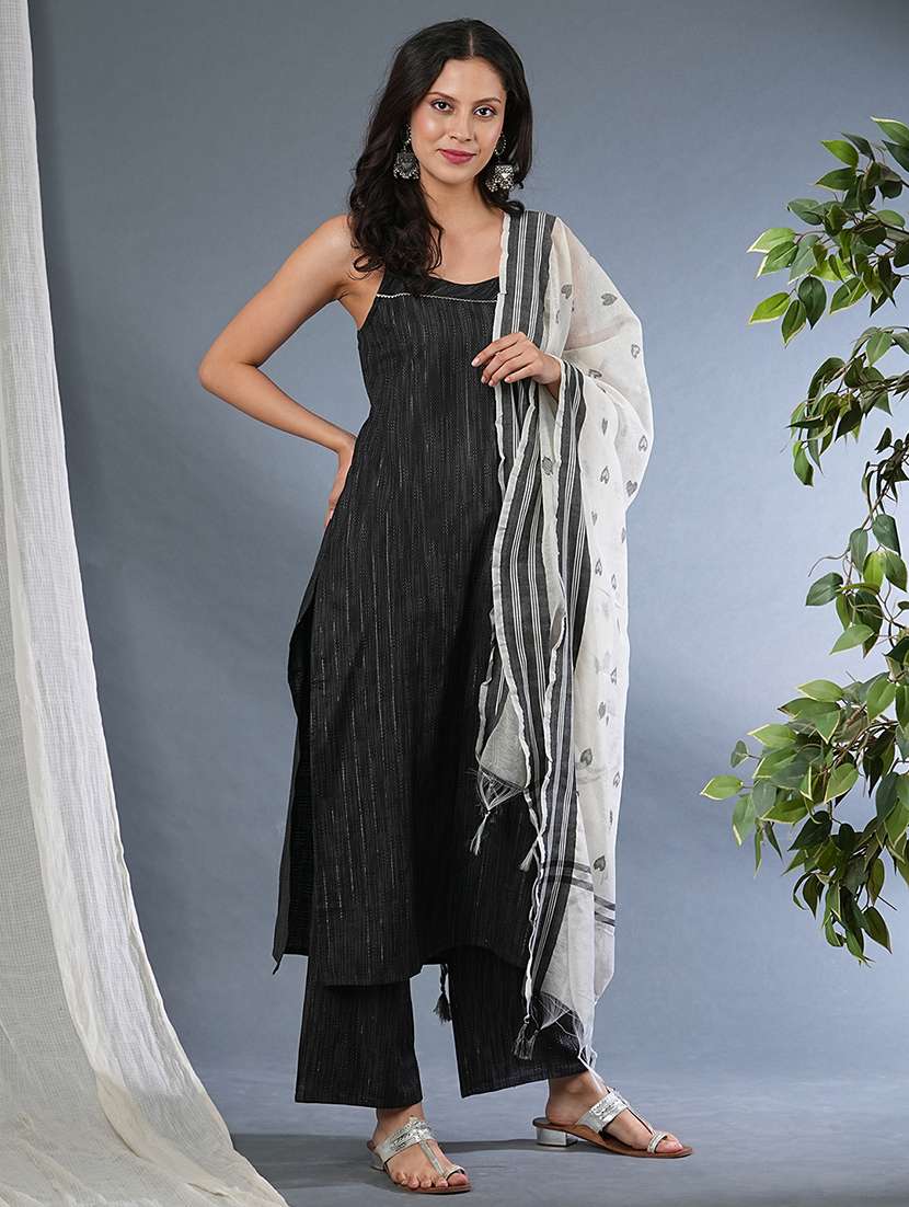 globus women black strappy square neck yarndyed straight workwear kurta with pants & dupatta set - 21305221 - Standard Image - 1