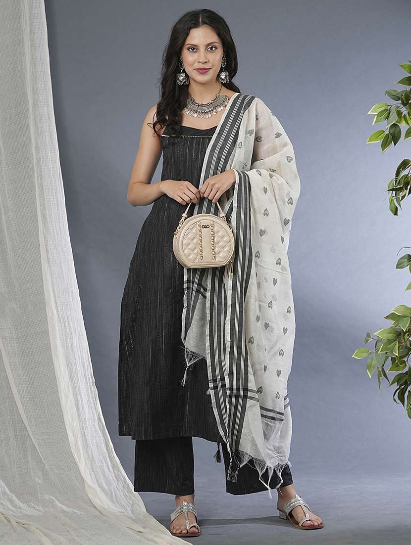 globus women black strappy square neck yarndyed straight workwear kurta with pants & dupatta set - 21305221 - Standard Image - 6