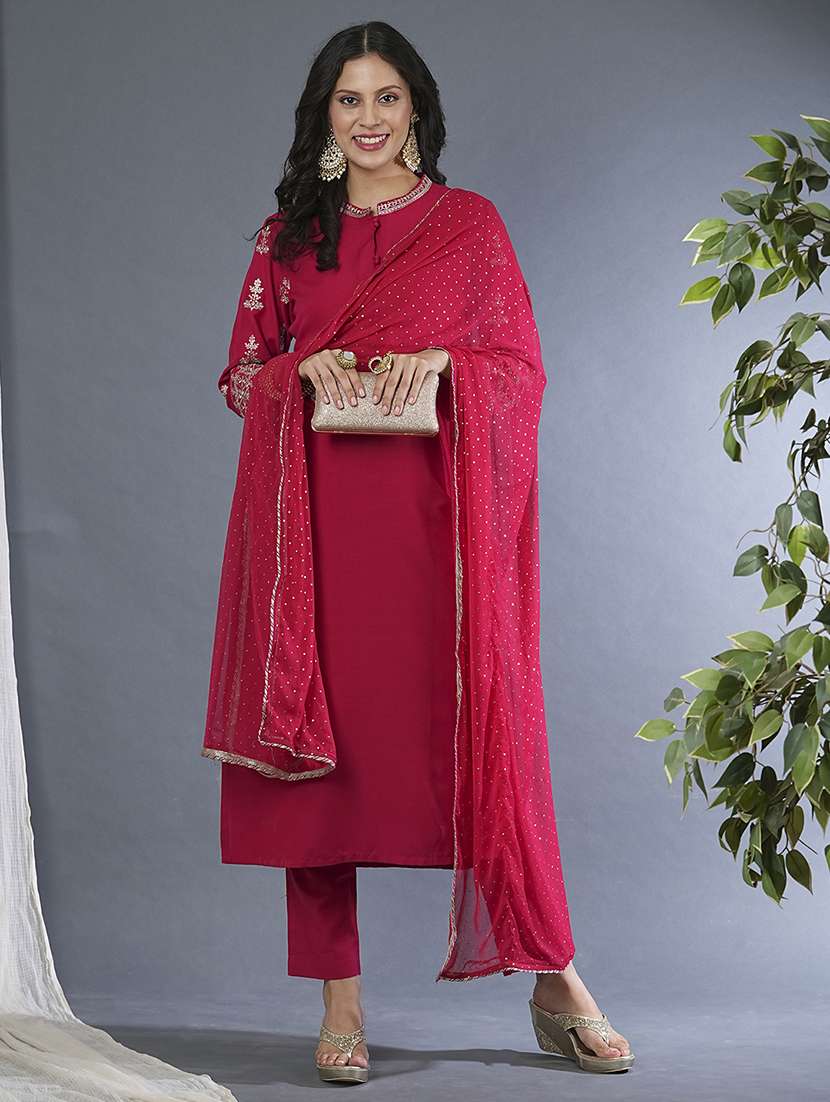 globus women pink embroidered sleeves straight workwear kurta with pants & sequinned dupatta set