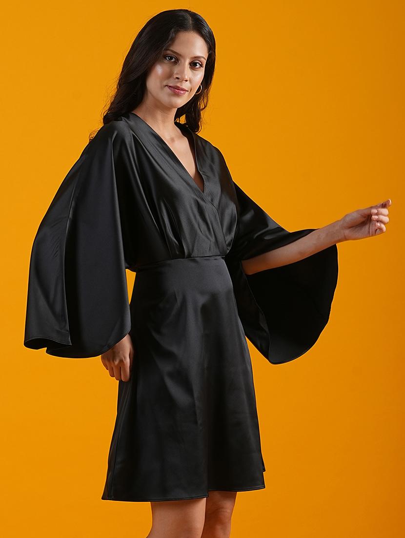 women black overlap neck  a-line party dress - 21305233 -  Standard Image - 1