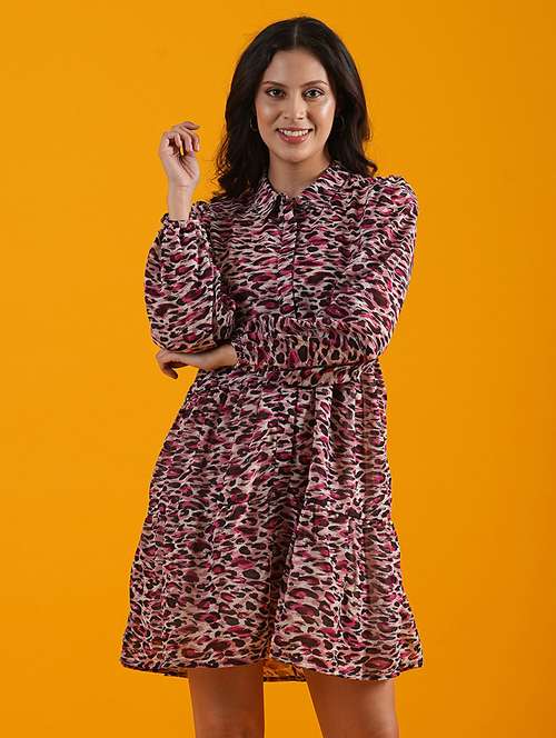 globus women multi white shirt collar animal print gathered & tiered a-line dress - 21305235 -  Standard Image - 0