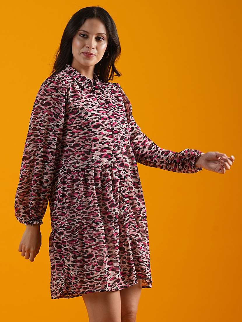 globus women multi white shirt collar animal print gathered & tiered a-line dress - 21305235 -  Standard Image - 1
