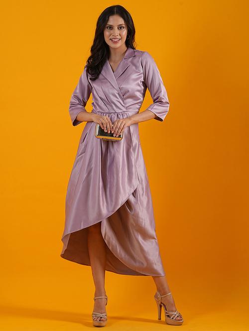 globus women mauve notched lapel pleated midi wrap party dress with tulip hem - 21305238 - Standard Image - 0