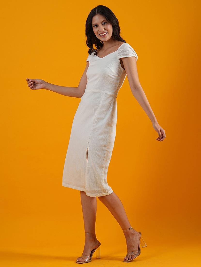 globus women white sweetheart neck cap sleeves front slit smocked back midi sheath party dress - 21305239 -  Standard Image - 1