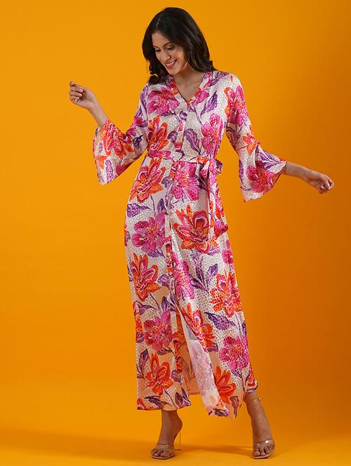 globus women multi white bell sleeves floral print front slit a-line maxi dress with belt - 21305246 -  Standard Image - 0